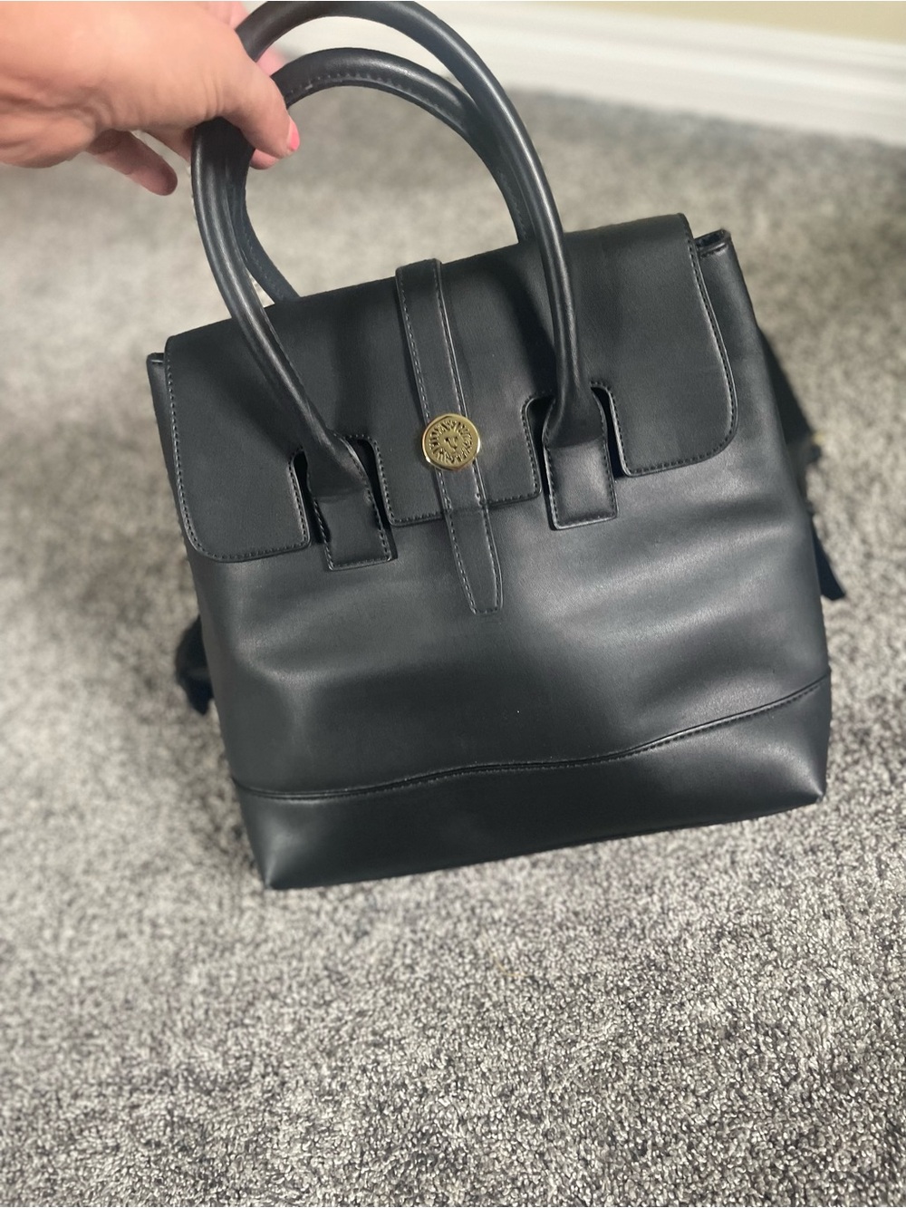 Anne Klein Black Leather Backpack Satchel with Gold Accent